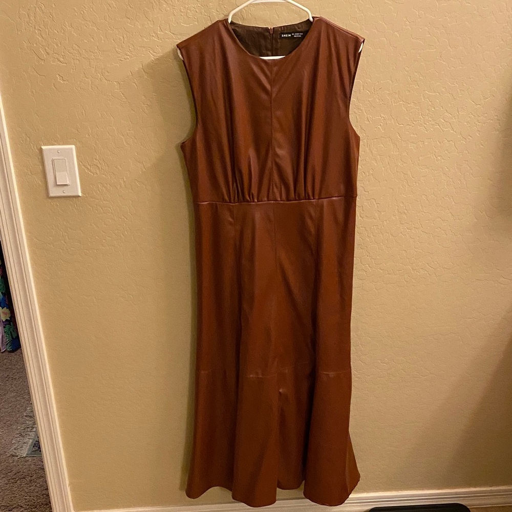 SHEIN Faux Leather Brown Sleeveless Dress